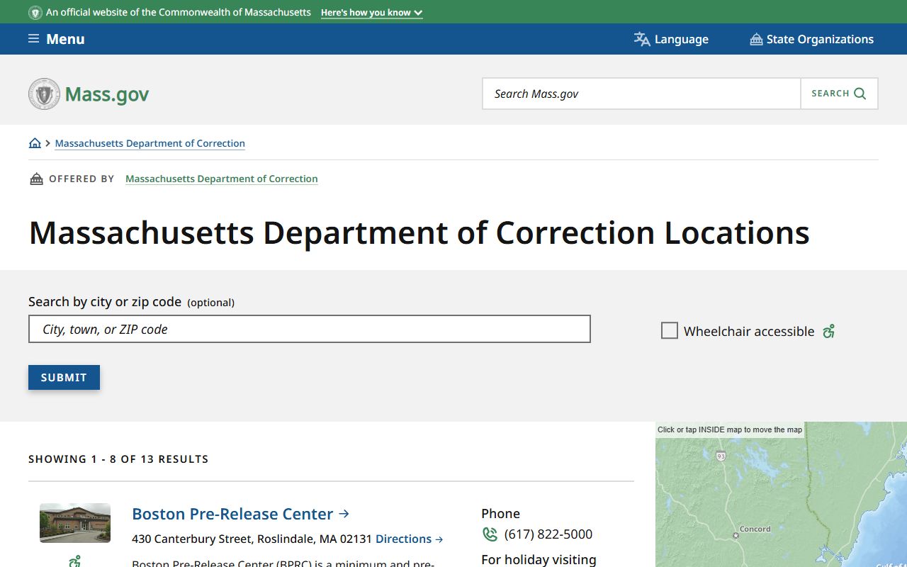 Massachusetts inmate population MA DOC facility list