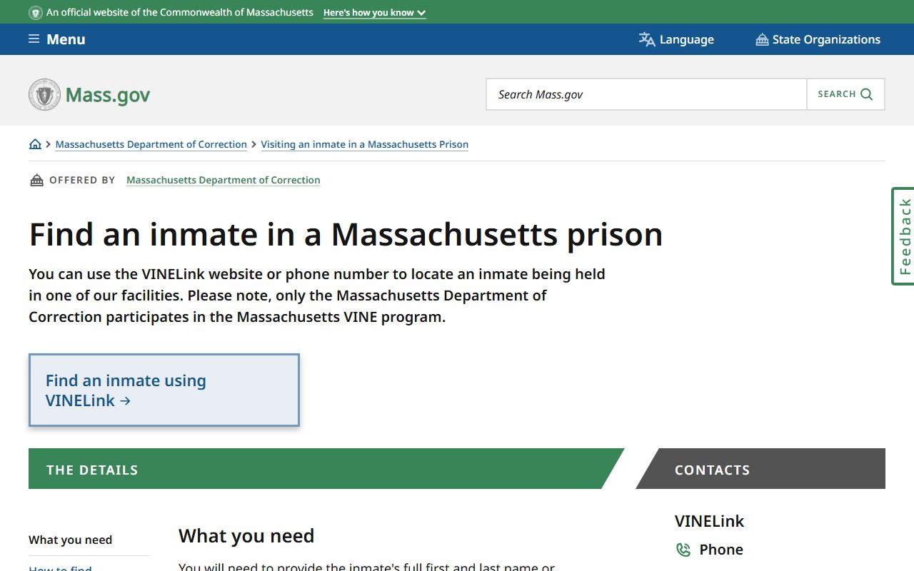 Massachusetts inmate population MA DOC inmate locator instructions