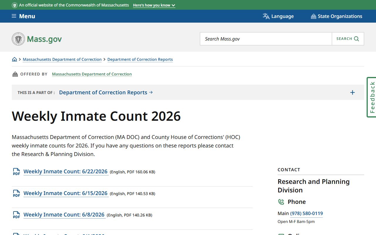 Massachusetts inmate population MA DOC weekly count series