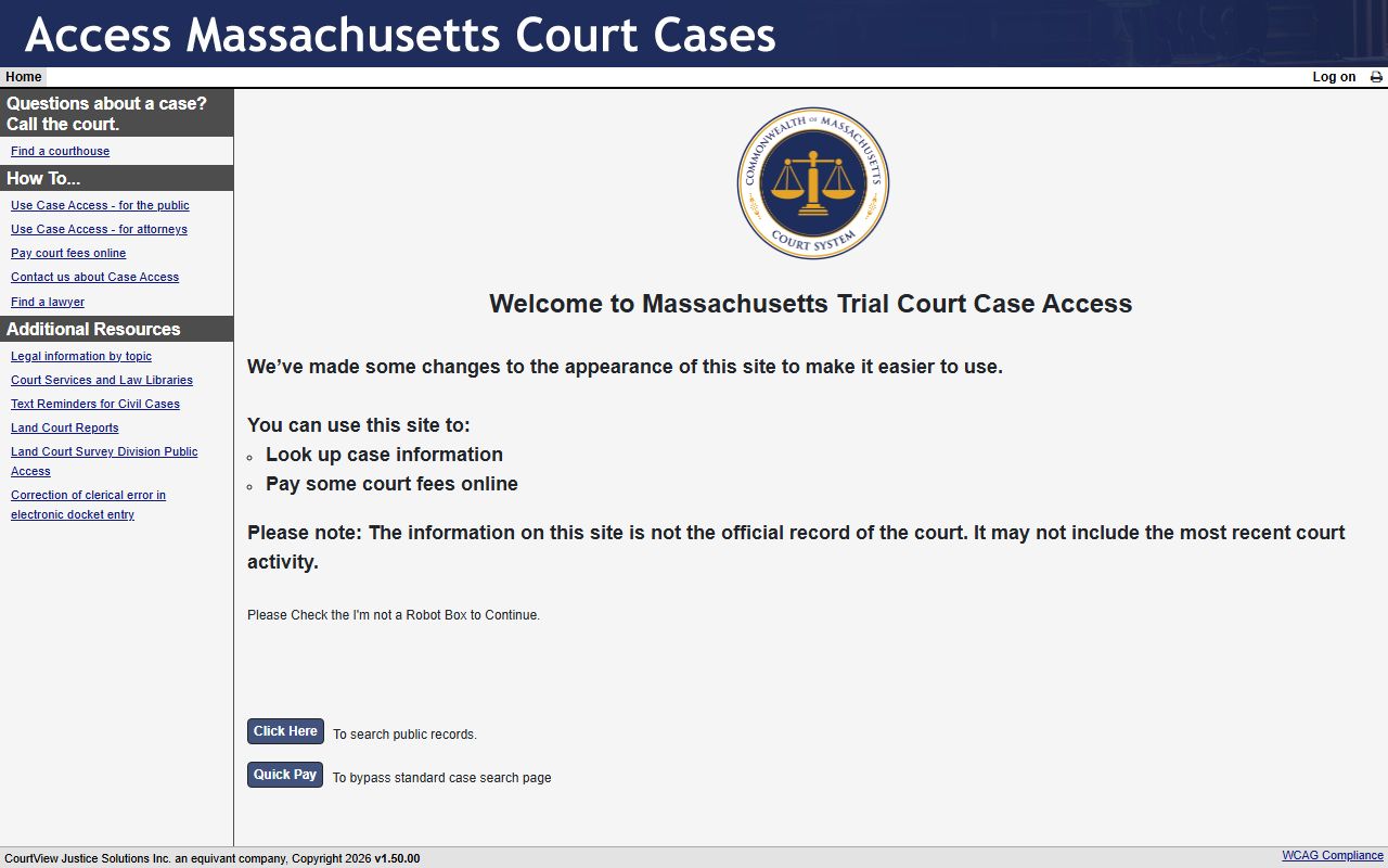 Massachusetts inmate population MassCourts eAccess portal